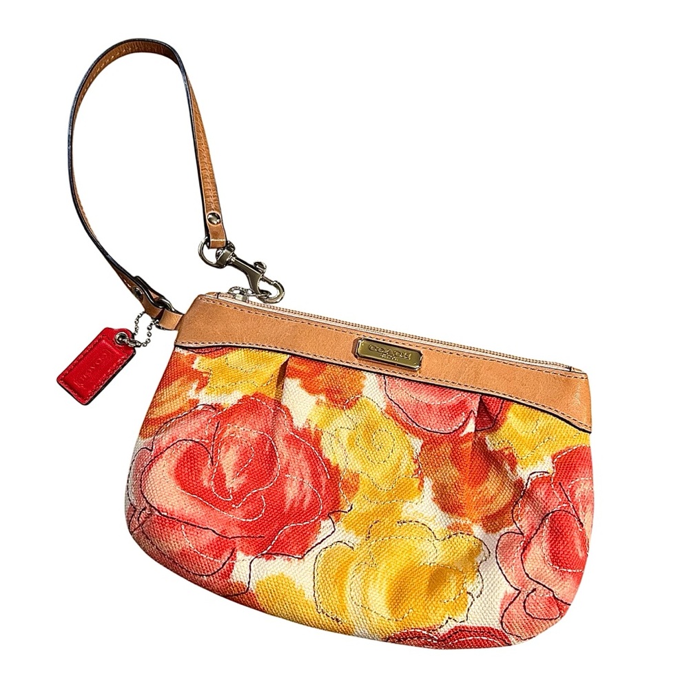 Coach Leather Fabric Floral Wristlet bag Zip close Satin lined